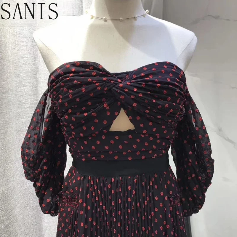 

Sanis High Quality Spring Summer New Dot Wine Red Sexy Party Elegant Dress