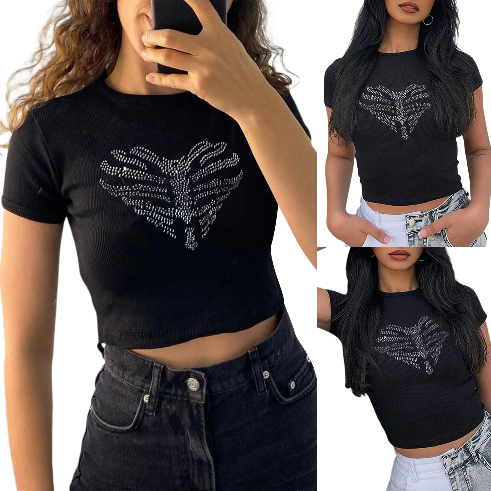 

Women's Summer Fashion Chic Rib Knit T-Shirts Short Sleeve Round Neck Heart Skeleton Rhinestone Short Crop Tops