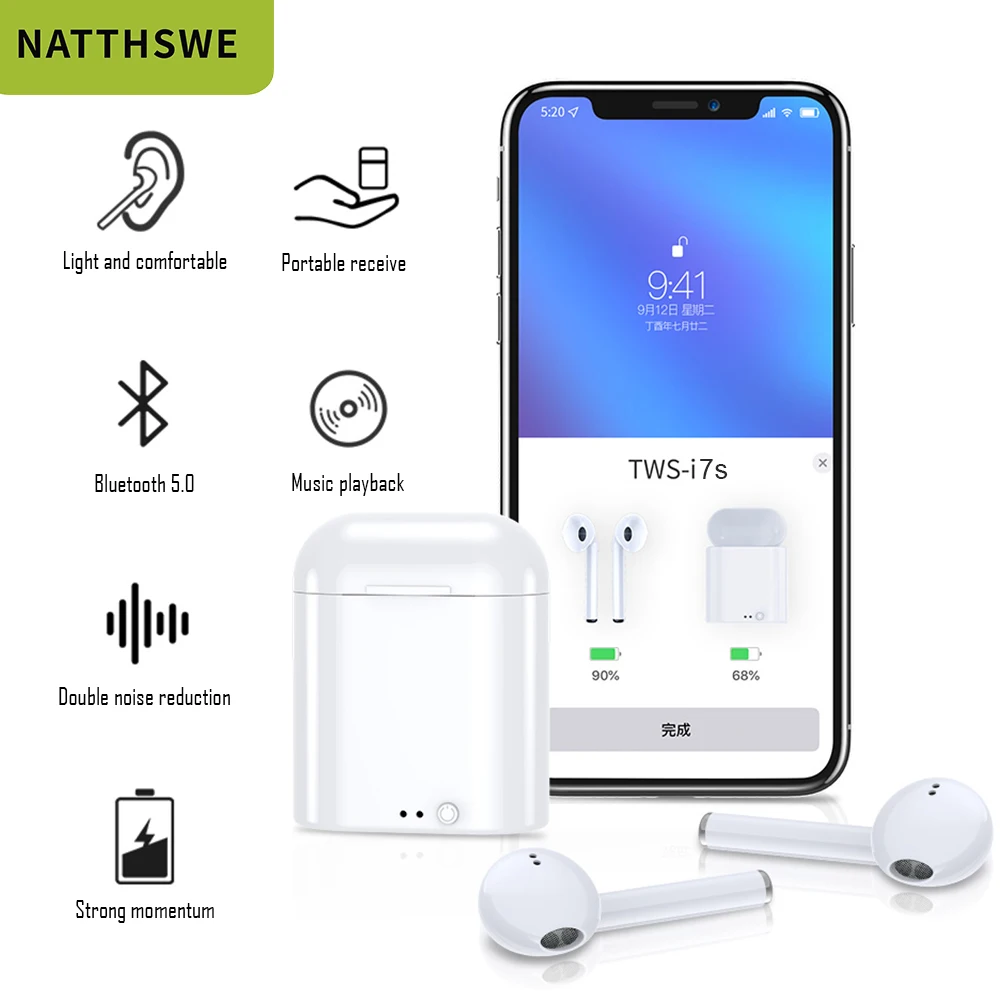 NATTHSWE беспроводные Bluetooth наушники i7s Tws стерео бас Спортивная гарнитура с зарядным