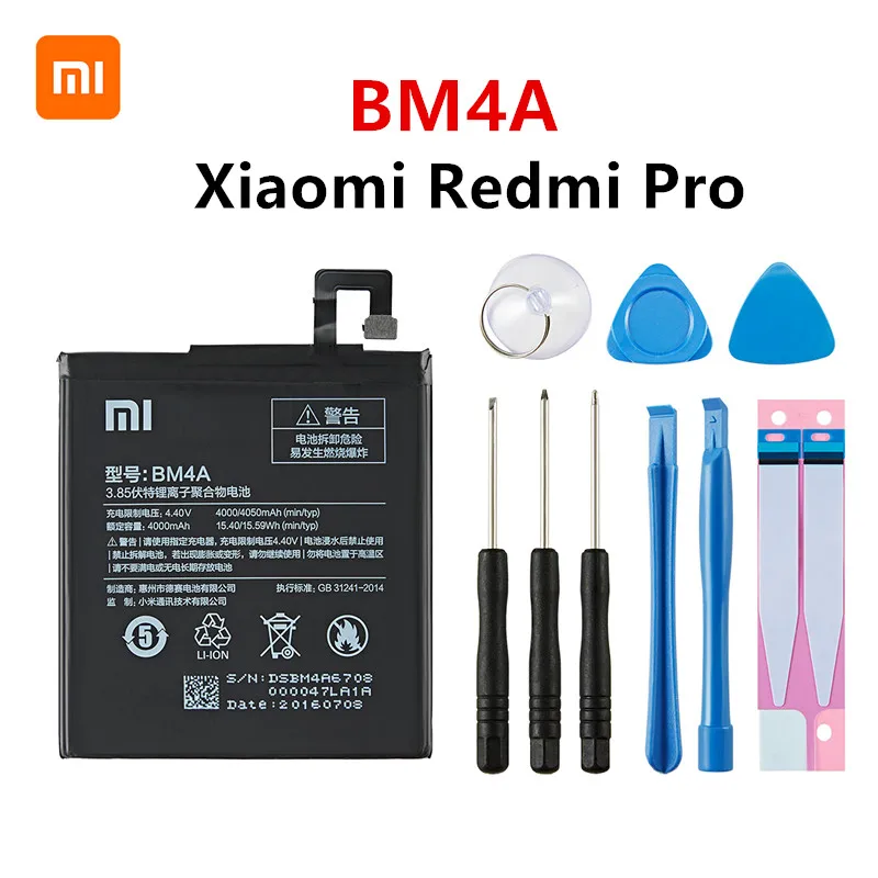 xiao mi 100 orginal bm4a 4000mah battery for xiaomi hongmi redmi pro bm4a high quality phone replacement batteries tools free global shipping