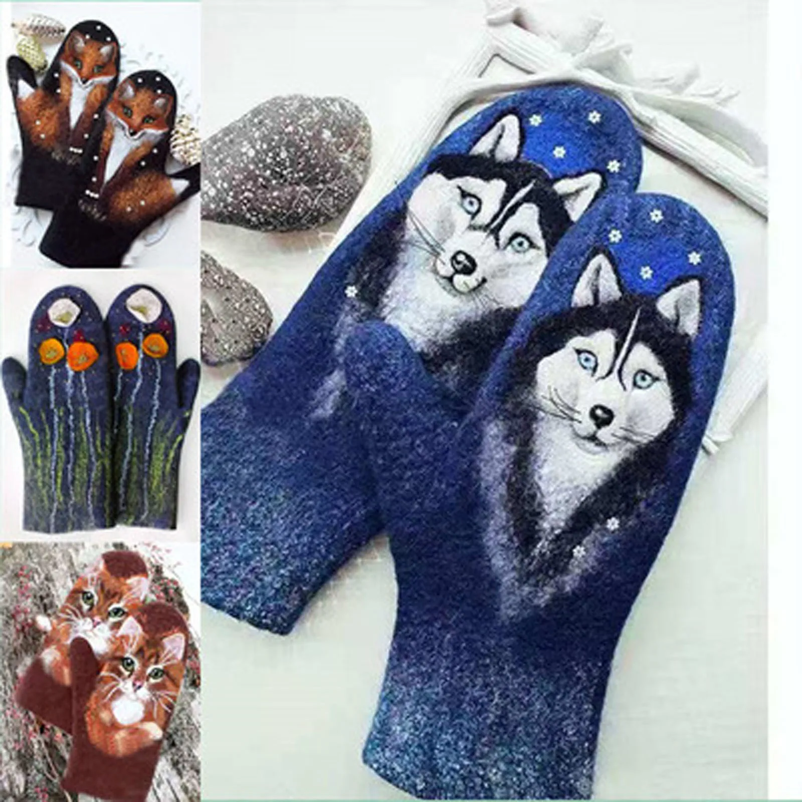 

Women's Cashmere Padded Color Matching Animal Print Winter Warm Gloves Fashionable Design Comfy Gloves Gant Femme Hiver In Stock