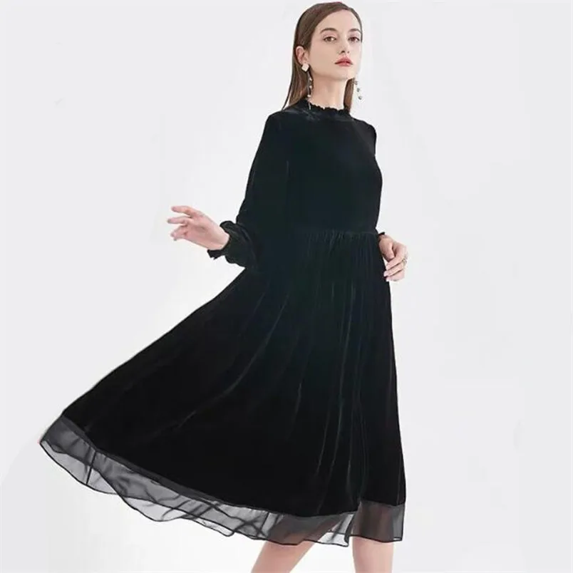 

Vintage Women's Casual Solid Long Dress Autumn Winter Full Sleeve Vestidos Female Robe Velvet Chiffon Patchwork Maxi Dress Black