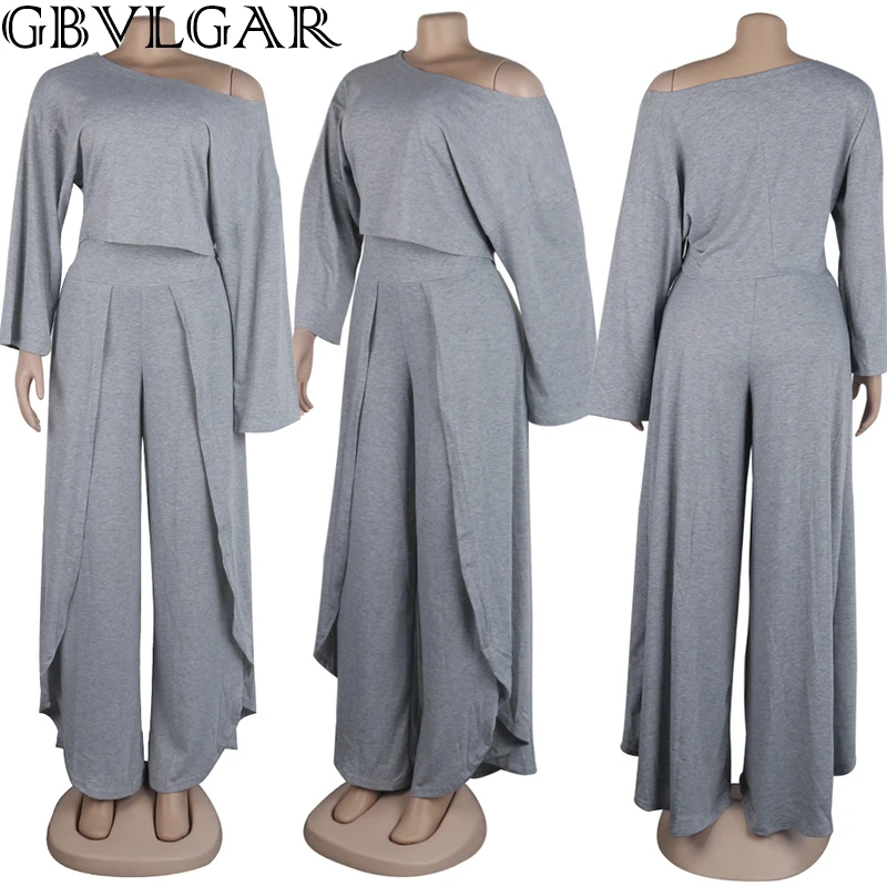 

2021 Spring Autumn Sexy Women Clothes One Shoulder Long Sleeve Crop Top+High Split Wide Leg Pant Tracksuit Two Piece Outfit