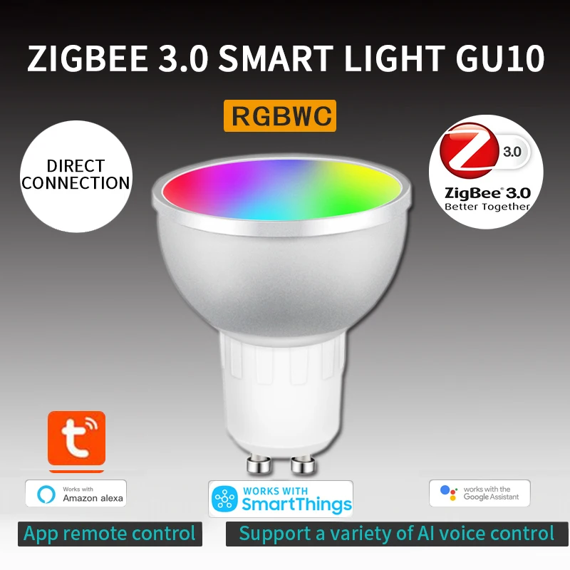 

Tuya Zigbee 3.0 Gu10 Smart LED Light Bulb 5W RGBCW Dimmable Smart Bulb Voice Control Works with Alexa Google Home Wholesale