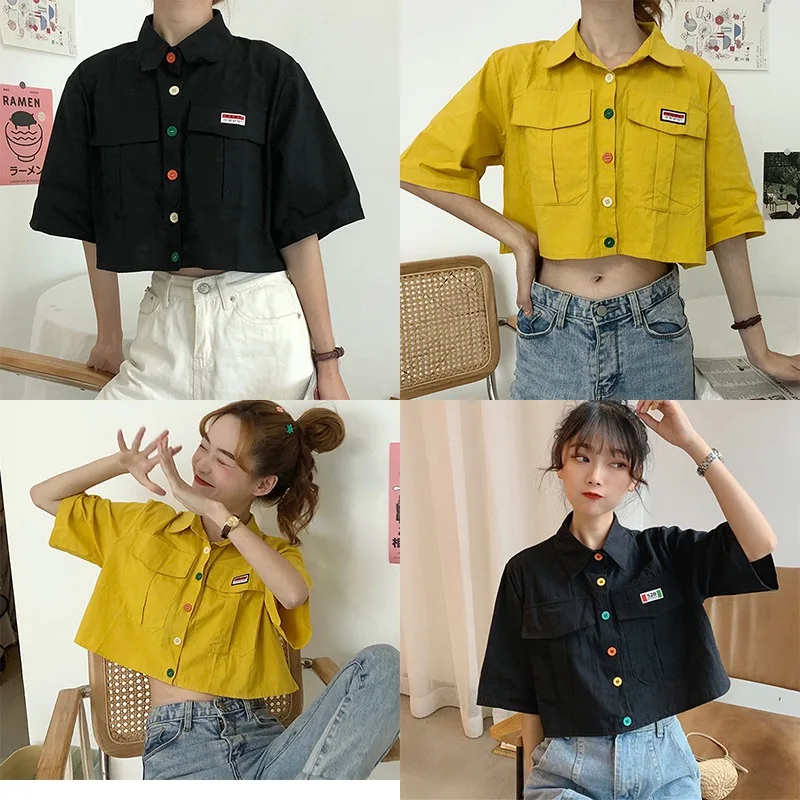 

New Women High Appliques Short Blouses Turn-down Collar Short Sleeve Buttons Loose Single Breasted Streetwear