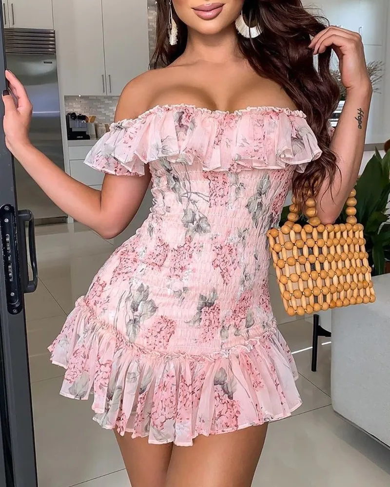 

2021 high qualityFloral print ruffles off shoulder dress