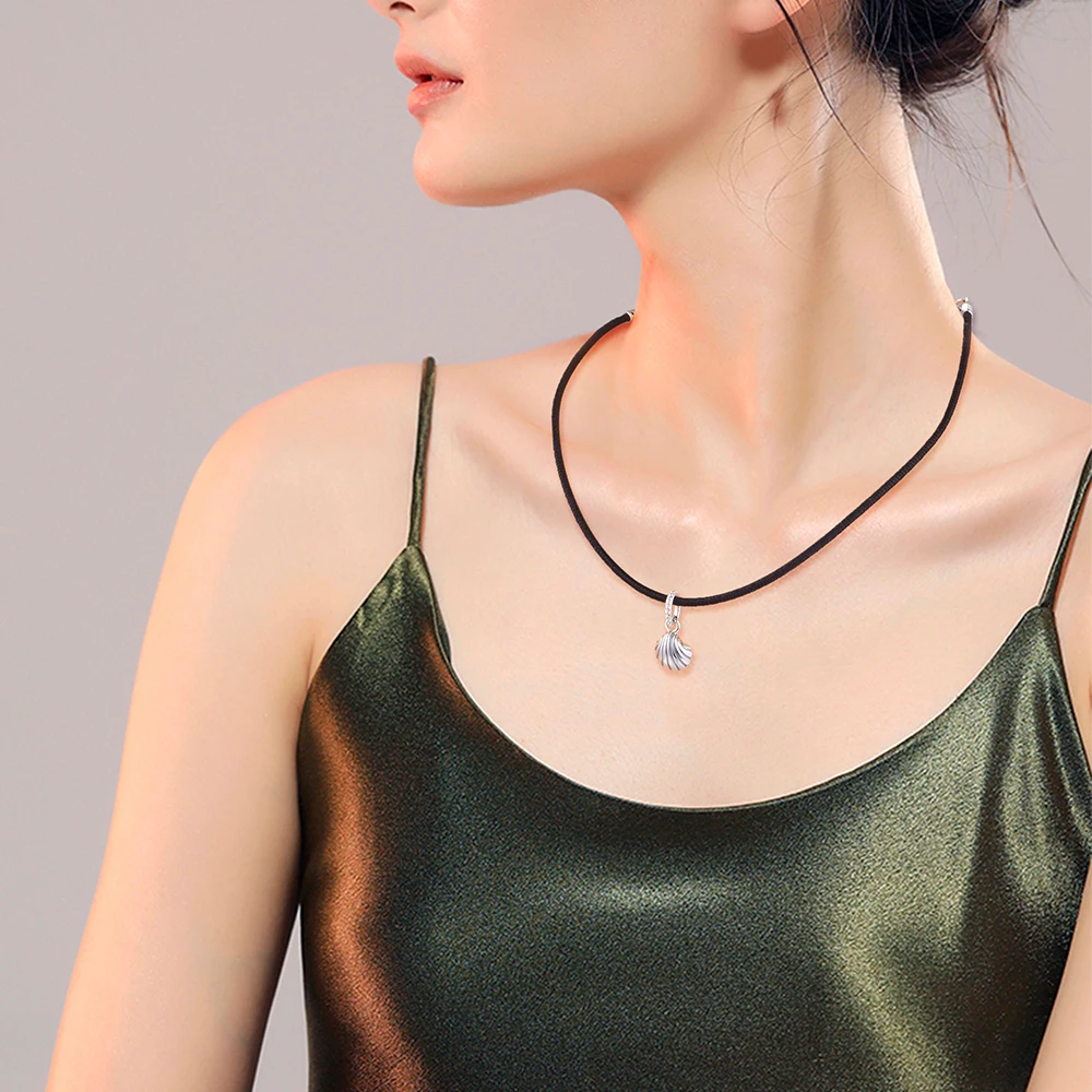 

Black Leather Seashell Choker Necklace sterling silver jewelry Women New Jewelry DIY Wholesale Pendant Necklace