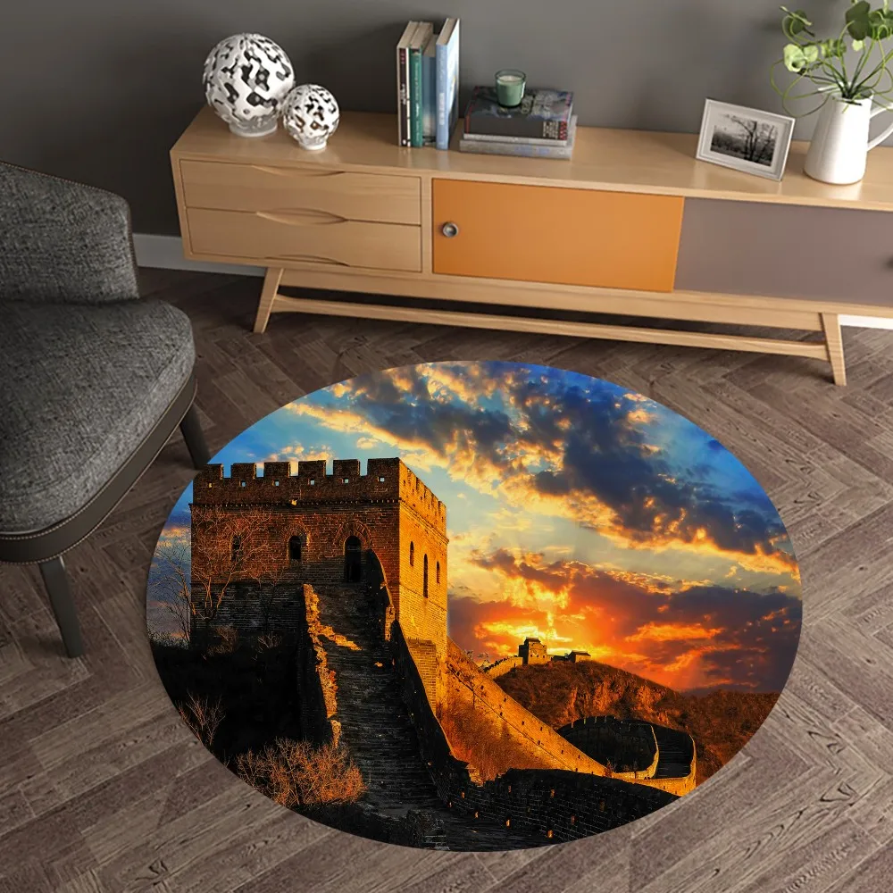 

Scenery Anti-Slip Round Living Room Carpet 3D The Great Wall In The Evening Entrance Doormat Floor Mats For Kitchen Bathroom Rug