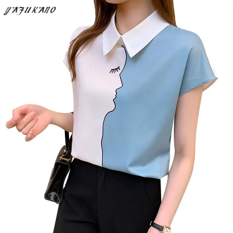 

Korean Style Blouses Women Summer Fashion 2021 Print Blusas Elegantes Short Sleeve Plus Size Casual Women Clothing
