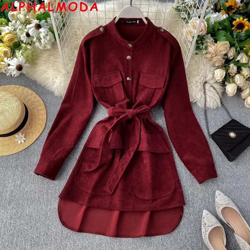 ALPHALMODA 2019 осеннее однобортное платье рубашка со стоячим воротником с длинными