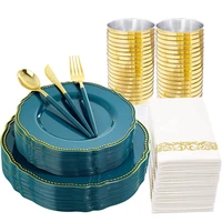 70 disposable tableware green plastic plate with gold rim and disposable silverware cup napkin combo set wedding party supplies