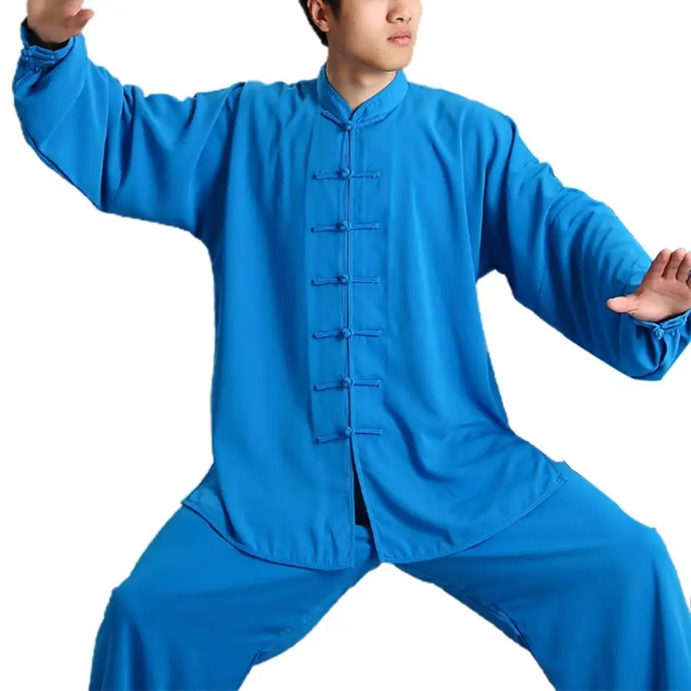 Iki parçalı erkek seti düz renk Placket gömlek gevşek artı boyutu kıyafeti çince geleneksel Tai Chi takım elbise Kung Fu giyim