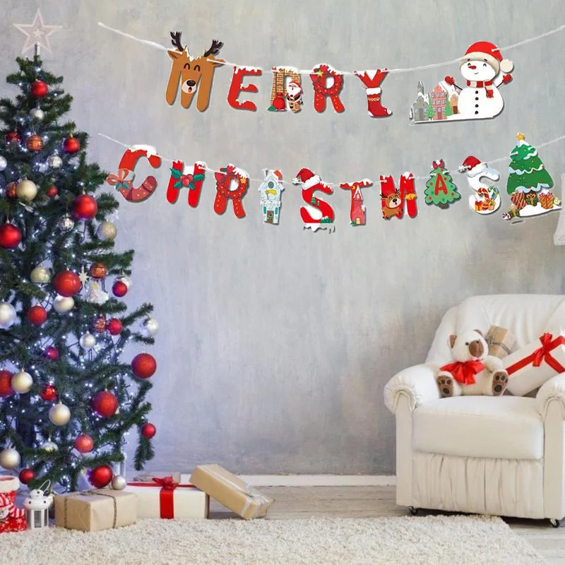 

1set Merry Christmas Banner Set Cartoon snowman Santa Claus style Xmas New Year letter hang decorations Christmas Party Supplies