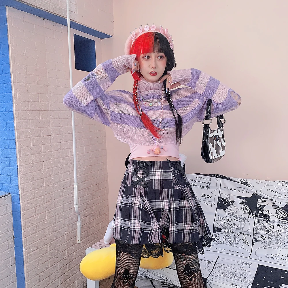 

New Japanese Bow Tie Women Skirt Hot Girl Dancing Plaid Skirts Female Sexy Mini High Waist Lace Skirt Black Pleated Skirts Mujer