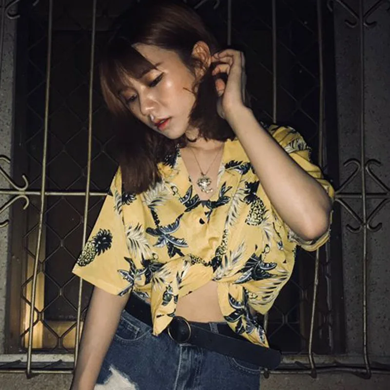 

2019 Summer Korean Style Short Sleeve Blouse Women Fashion Printed Loose Tops Turn-down Collar Shirt Chiffon Causal Tops