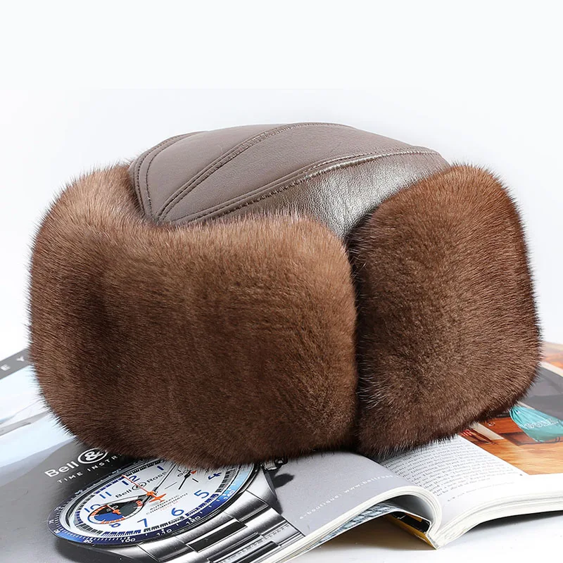 Middle-aged and elderly men's mink hat winter warm ear protection old man cotton hat leather mink old man hat grandpa hat