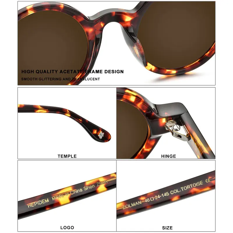 HEPIDEM ацетатные винтажные поляризационные солнцезащитные очки мужские Gregory Peck высококачественные прозрачные круглые солнцезащитные очки для женщин Ретро-оттенки ZOLMAN
