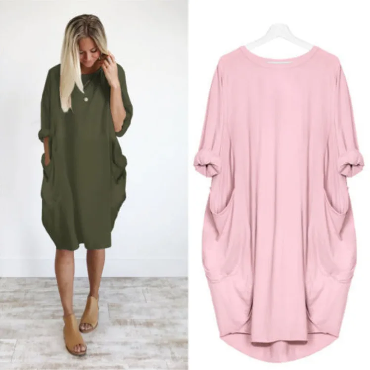 

Spring and summer new fashion solid round neck loose stitching plus large size long dress women's wear