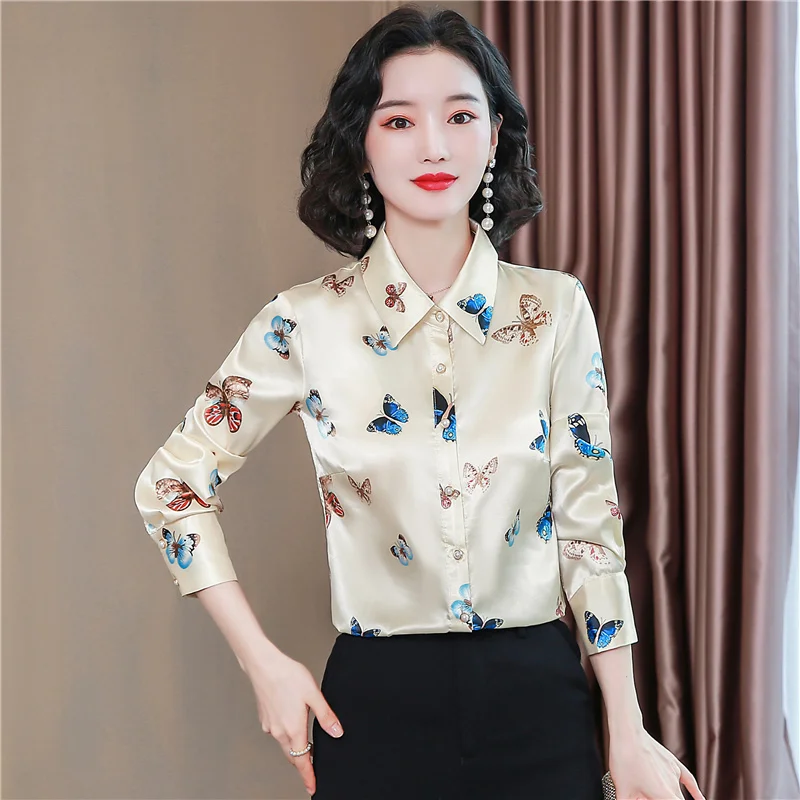 

Korean Fashion Silk Women Blouses Satin Long Sleeve Shirt and Blouse Office Lady Blusas Largas Plus Size Autumn Womens Tops