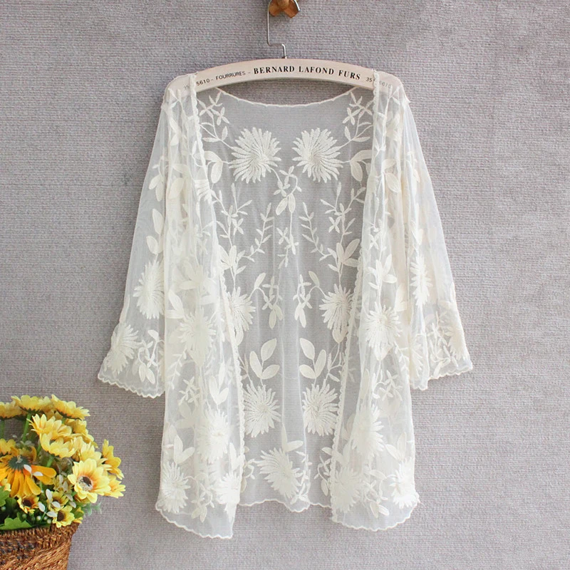 Flower Cardigan Embroidery Mesh Top White Lace Summer Cardigan Women Kimono Beach Cover Up 2022 Korean Sexy Shirt Slothes Tunic