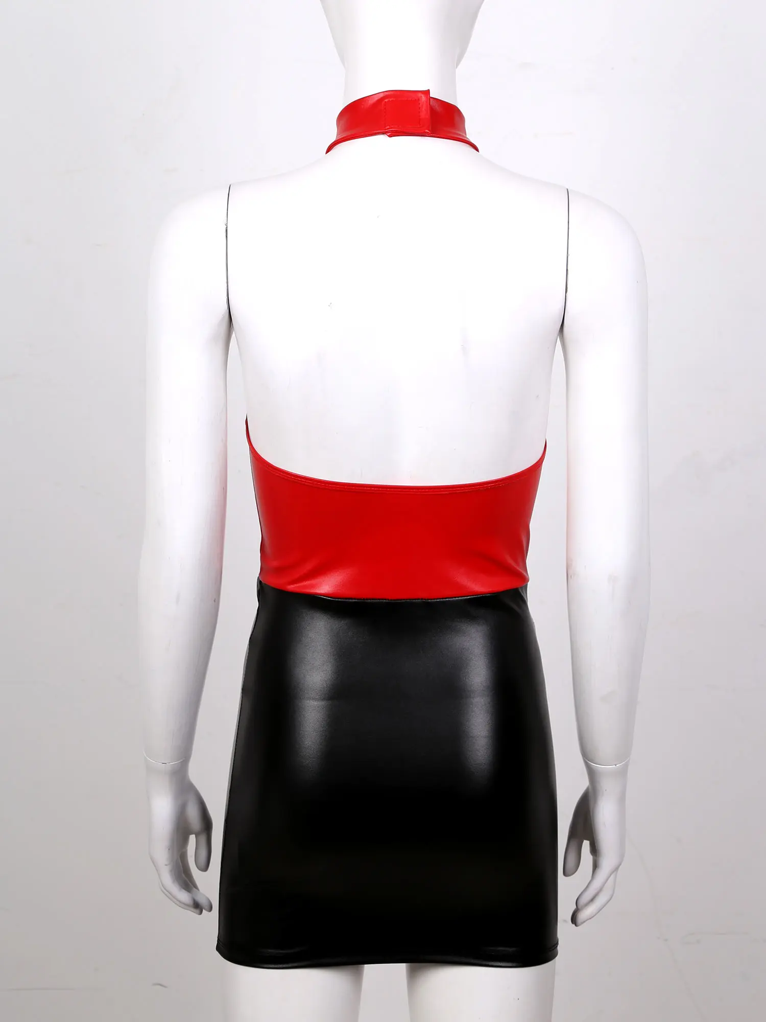 

Women Mini Hot See-through Mesh Patchwork Faux Leather Exotic Dress Halter Neck Backless Dresses for Lingerie Party Clubwear