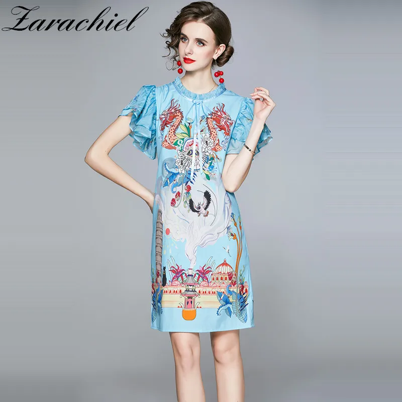 Женское дизайнерское платье мини трапеция летнее синее с принтом дракона