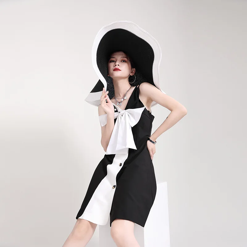 

2021 Summer Women's Mini Dress Contrast Color Big Bow Suspender Dress