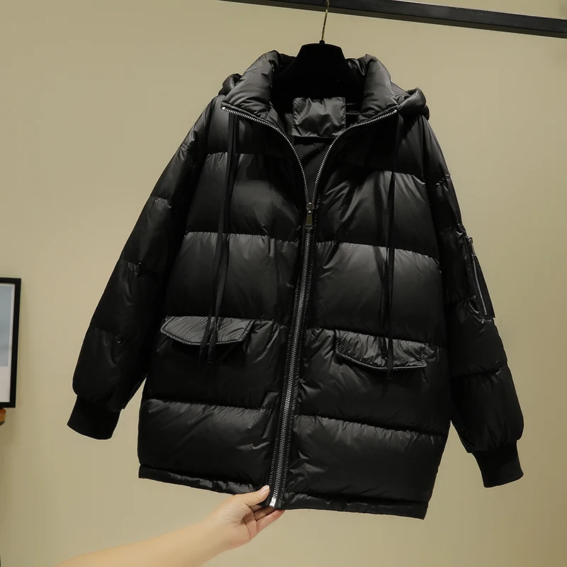 Женский свободный пуховик с капюшоном однотонная куртка большого размера на