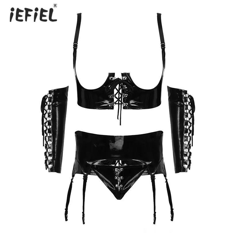 

Sexy Womens Patent Leather Lingerie Set Role Play Night Clubwear Open Bust Underwired Lace Up Corset Top Garter Panties G-string