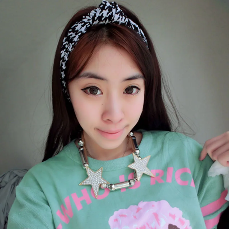 J17320 Good stretchy 100% cotton new fashion lady hair headband houndstooth printed knot accessories for women |