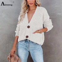 aimsnug 2021 single breasted top stand pocket knitted sweater plus size frauen soft plush jumpers winter loose vintage knitwear