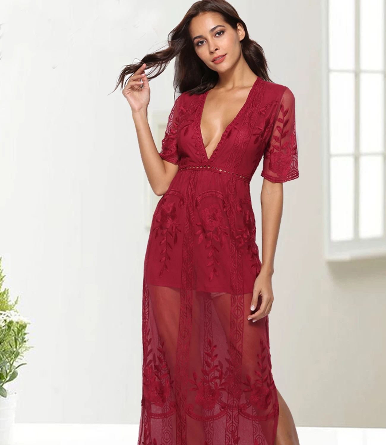 

Women's burgundy Dress V-neck neckline Lace Slim fit Deep V-neck short sleeve lace embroidered flowers design,