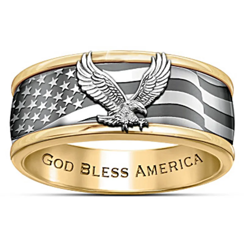 

Animal Eagle Pattern Engraved Men Women Unisex Finger Ring Jewelry God Bless America Lettering USA Flag Two-tone Ring