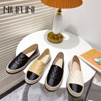 fisherman shoes lattice pattern 2021 autumn round toe flat slip on loafer shoes rattan straw woven platform casual womens shoes