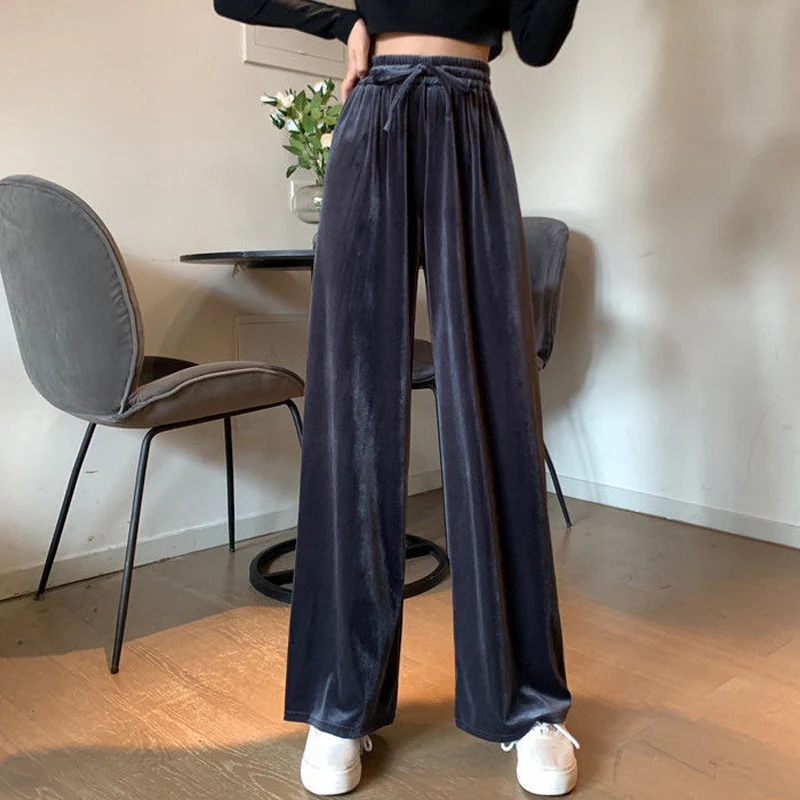 

2020 New Autumn High Waist Drawstring Casual Pants Women Fashion Velet Loose Trousers Female Solid Wide Leg Streetwear Pants