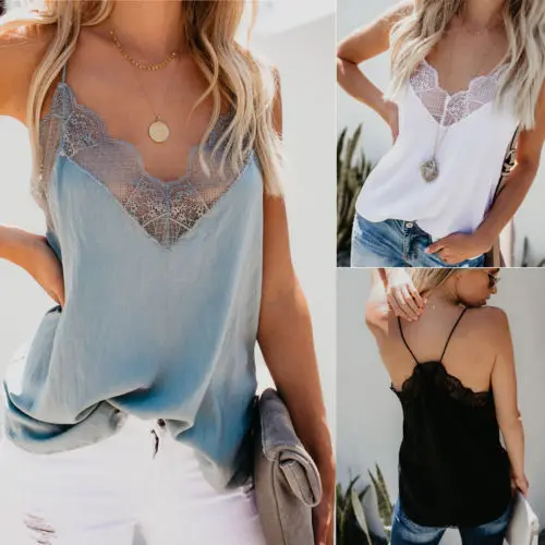 Блузка женская летняя шелковая кружевная без рукавов на бретельках сатиновая 2019