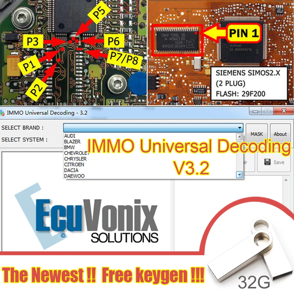 EcuVonix IMMO Универсальное декодирование v3.2 удаление кода IMMO ECU + генератор ключей для неограниченной установки автомобильного диагностического по link 32GB USB