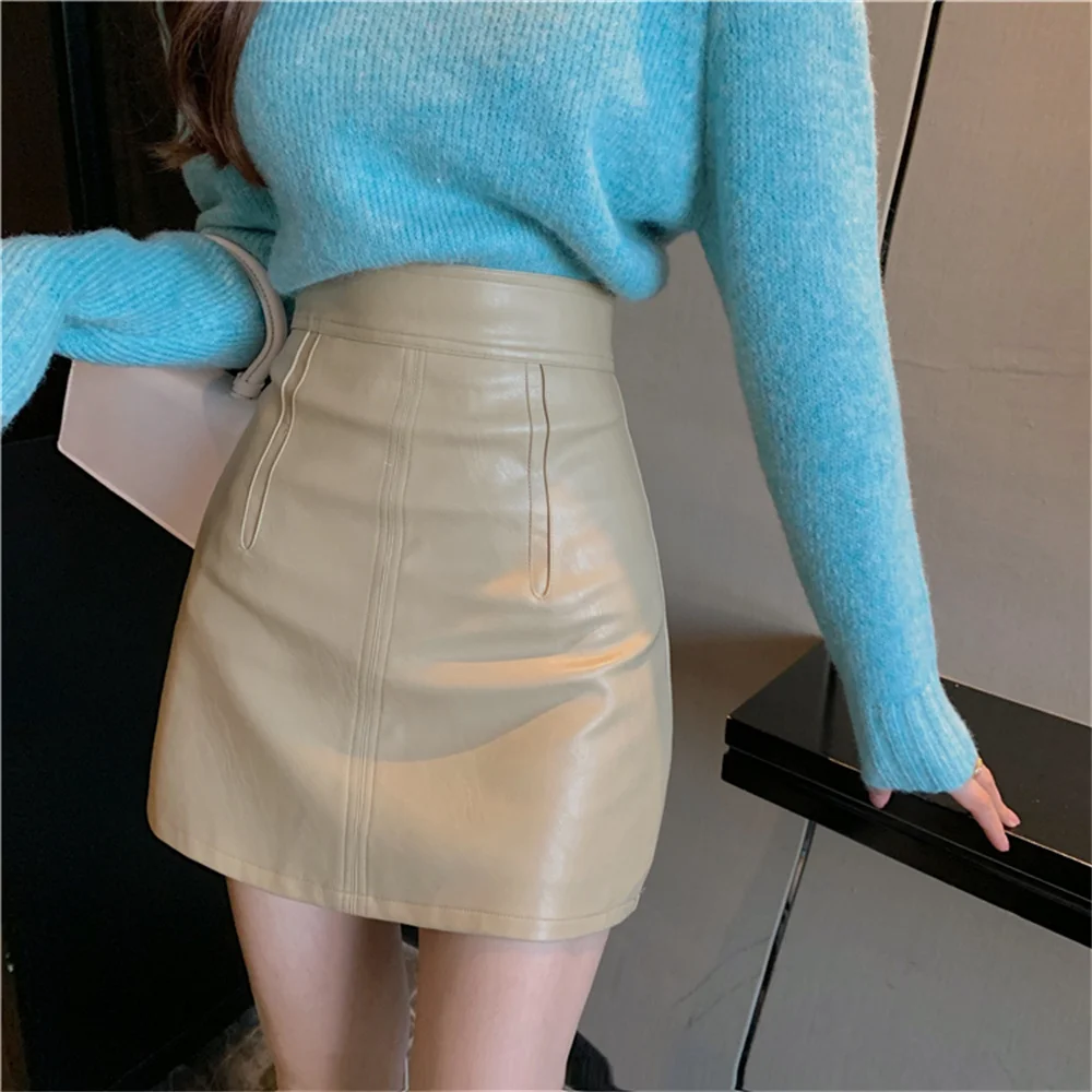 

Alien Kitty Bodycon Women PU Mini Skirts Slim-Fit Casual High Waist New All Match 2021 Minimalist Autumn Chic Hot Party A-Line