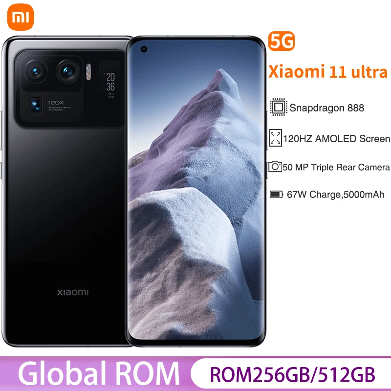 New Original Xiaomi Mi 11 Ultra 5G Smartphone 12GB+256GB Snapdragon 888 Eight Core 50MP 120HZ Curved Screen 67W Fast Charge NFC