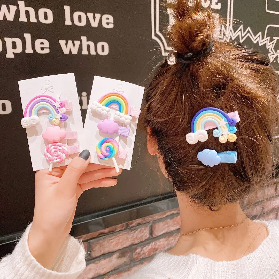 

CN 3 Pcs/set Sweet Rainbow Hair Clips For Girls Kids Korean Candy Hair Bows Color Cloud Bangs Hairpin Hair Accessories