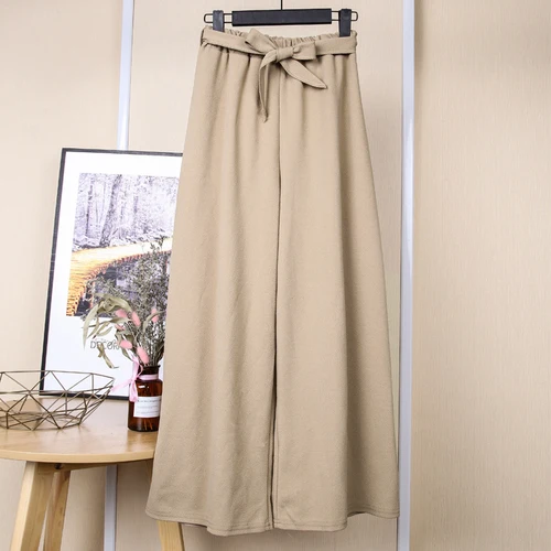 

Female Loose Holiday Solid Ankle-Length Pant Trouser With Belt 2019 Women Chiffon Pants Spring Summer High Waist Wide Leg Pant