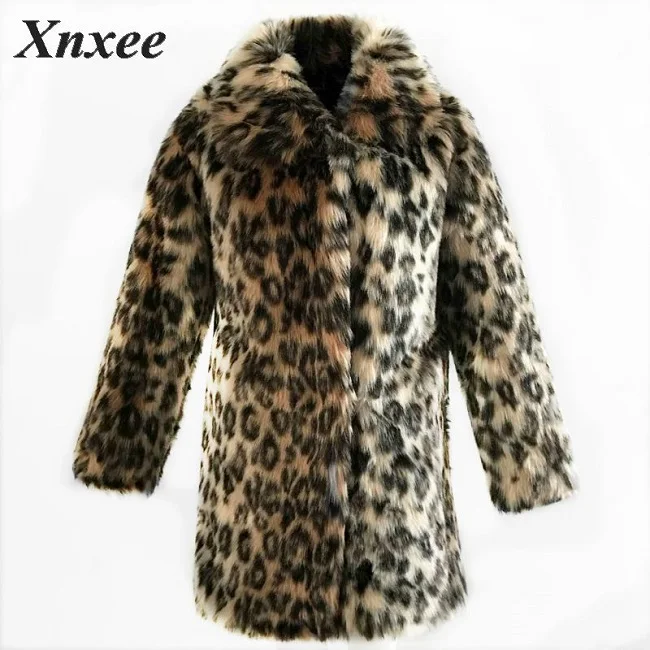 

Женское леопардовое пальто Xnxee из искусственного меха, зимнее плотное теплое приталенное меховое пальто с длинным рукавом, верхняя одежда, ...