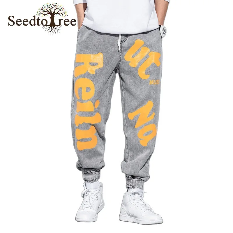 

Jeans Men's Loose Trend Letter Printing Drawstring Harem Pants Ins Casual Denim Trousers