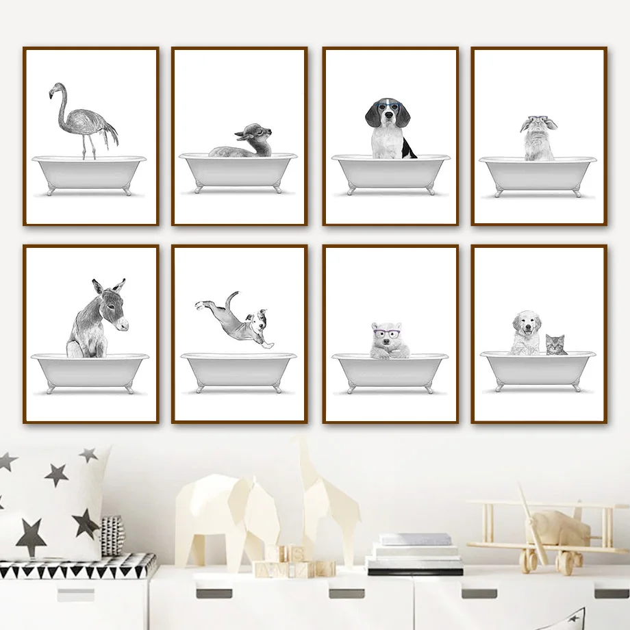 

Flamingo Dog Cat Rabbit Alpaca Bathtub Animal Wall Art Canvas Painting Nordic Posters And Prints Wall Pictures Kids Room Decor