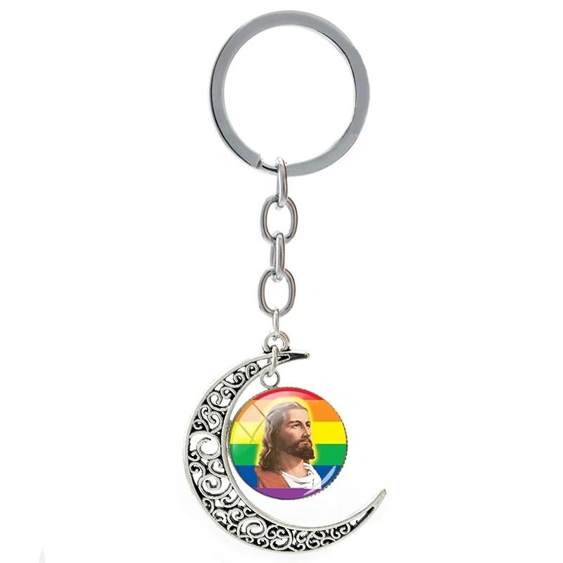 

TAFREE The Jesus Figure Photo Key Holder Glass Dome Moon Shaped Keyring For Men Women New 2021 Fashion Metal Jewelry