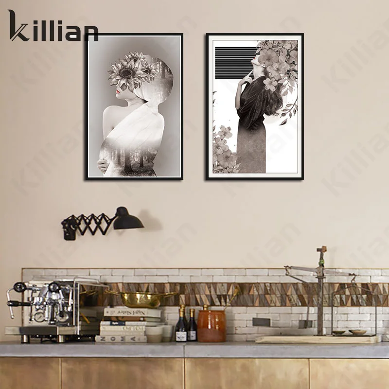 

Modern Home Decor Print Poster Retro Withered Sunflower Strapless Temperament Girl Picture Print Art Canvas Painting Wall Decor