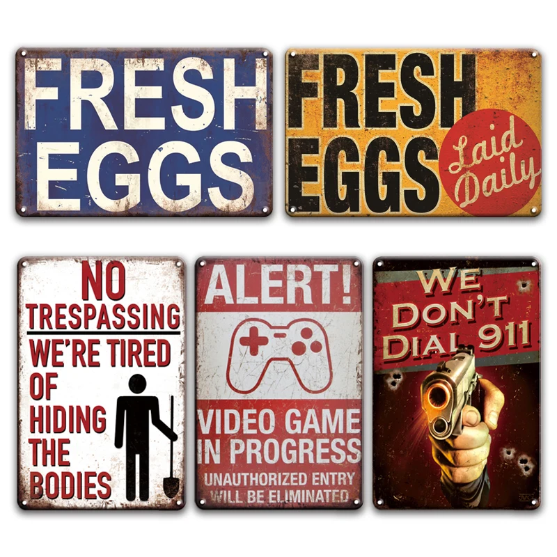 

Shabby Chic FRESH EGGS Metal Wall Art Tin Sign Vintage Warning NO TRESPASSING Poster Cafeteria Restaurant Farmhouse Home Decor