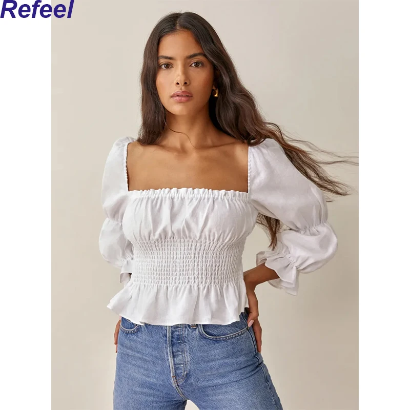 Женская блузка с длинным рукавом квадратным вырезом и оборками | одежда