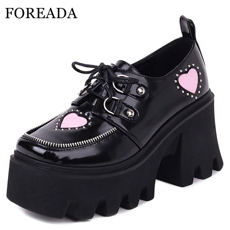 

FOREADA Autumn Shoes Woman Platform High Block Heels Pumps Lace Up Square Toe Heart Print Ladies Footwear JK Uniform Pumps 34-43