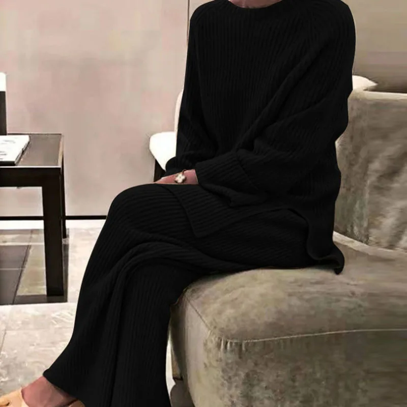 

Women's Solid Elegant Knitted Suits 2021 Spring Autumn O neck Long Sleeve Loose Top + Wide Leg Pants Lady Plus Size Casual Wear